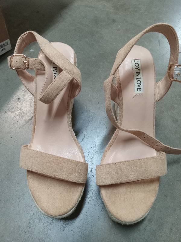 lot 2634 image: JOY IN LOVE Womens Espadrilles Wedge Sandals Platform Heels Ankle Strap Open Toe Buckle Sandals 4070 Beige US7.5