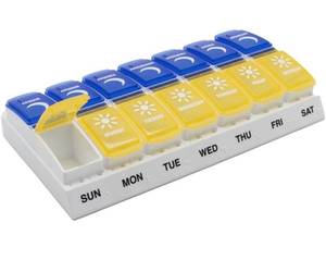 lot 2019 image: Ezy Dose Weekly (7-Day) AMPM Pill Organizer, Vitamin and Medicine Box, Large Pop-Out Compartments, Designed for Travel, 2 Times a Day, Blue and Yellow Lids