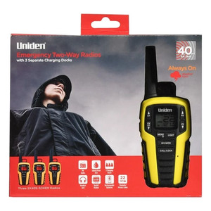 lot 2059 image: Uniden 40 Mile Range Emergency Two Way Radios Black and Yellow 3 Pack