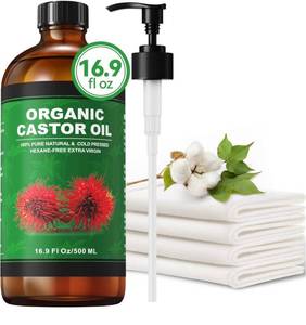 lot 2097 image: 16.9 oz Castor Oil Organic Cold Pressed Unrefined Glass Bottle  4 Pcs Castor Oil Pack Wrap Organic Cotton Reusable, Caster Oils Kit for Face, Hair, Eyelashes, Waist, Knee, Body (SMALL AMOUNT OF OIL LEAKED)