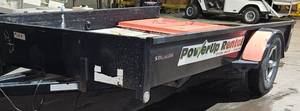 lot 121 image: 12ft Foot EquipmentUtility Trailer w Ramp Tailgate - New Jack - Nice Wheels - Wheel Chocks in Bed For Wheeled Vehicles - Chain and Strap Ring Tie Downs Attached - Bumper Pull with 2 inch Ball Hitch