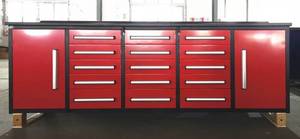 lot 151 image: Unused Red Steelman 10 Garage Cabinet Workbench (15 Drawers & 2 Cabinets) - This Storage Cabinet is Perfect For Any Garage, Storage Room, Basement, Hobby Room, Laboratory, or Office