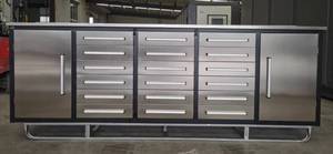 lot 152 image: Unused Steelman 10 Stainless Steel Garage Cabinet Workbench (18 Drawers & 2 Cabinets) - This Storage Cabinet is Perfect For Any Garage, Storage Room, Basement, Hobby Room, Laboratory, or Office