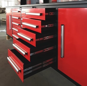 lot 251 image: Unused Red Steelman 10 Garage Cabinet Workbench (15 Drawers & 2 Cabinets) - This Storage Cabinet is Perfect For Any Garage, Storage Room, Basement, Hobby Room, Laboratory, or Office