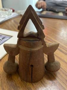 lot 2581 image: Vintage Wood Folk Art Double Clapper CowOX Bell