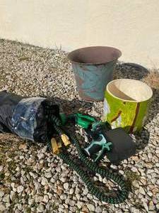 lot 2021 image: (7) piece lot with garden pots, flexible garden hose, spigot attachment, and sprayers