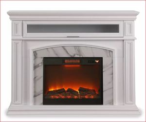 lot 32 image: 62 Grand White Tile Surround with 28 in. Electric Fireplace insert