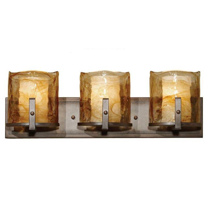 lot 9060 image: Murray Feiss VS18903-RBZ Aris Collection 3-Light Vanity Fixture, Roman Bronze Finish with Amber Swirl Art Glass