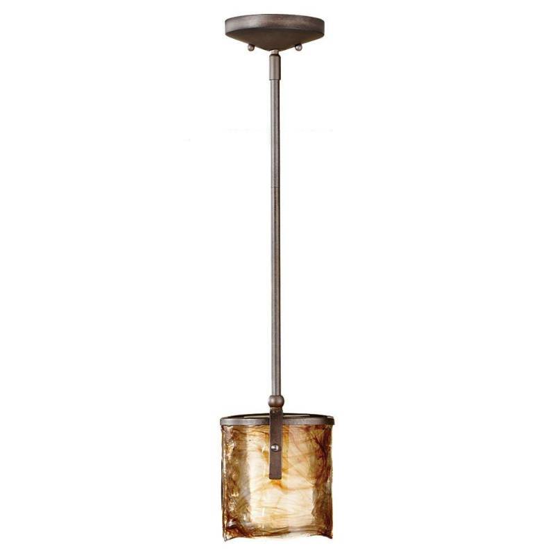 lot 9062 image: Murray Feiss P1230RBZ Aris Collection 1-Light Mini-Pendant, Roman Bronze Finish with Amber Swirl Art Glass
