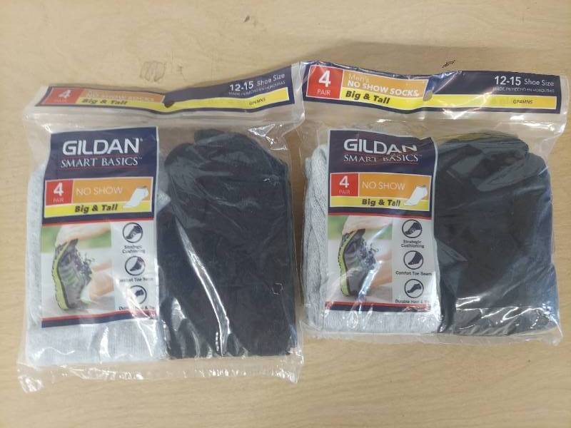 lot 5052 image: 2 Packages Of Gildan Mens Big & Tall Gray & Black Shoe Size 12-15 No Show Socks