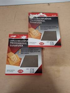 lot 2123 image: (2) 25 Piece 9 X 11 Sheet Assorted 80 Course 120 Medium 220 Fine Grit Sandpaper