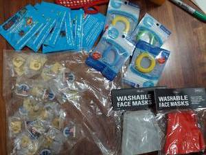 lot 6060 image: assorted lot - 911 remembrance pins (approx 25), 2 face masks, 4 mosquito bracelets, fire colorant