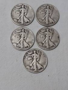 lot 5801 image: 5 Walking Liberty half dollars, silver