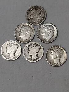 lot 5806 image: 6 Silver dimes, 1 Barber, 2 Roosevelt, 3 Mercury