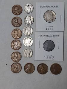 lot 5811 image: 5 Mercury dimes (damaged  worn), 1 Indian Head Cent, 1 Buffalo nickel, 9 Wheat pennies
