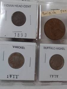 lot 5822 image: Assorted coins, V nickel, Buffalo nickel, Indian Head Cent, British penny