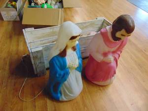 lot 1175 image: Empire blow mold Mary and Joseph with wooden box manger