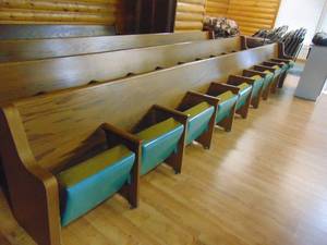 lot 1210 image: 18 12 upholstered, folding seat church pew - very nice