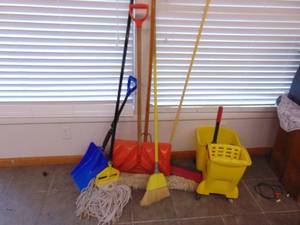 lot 1228 image: Cleaning items - broom, mop, shovels