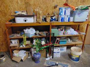 lot 1301 image: Contents of shelves - safety light, warmer, paints