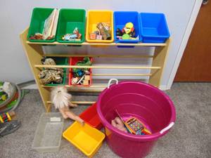 lot 1363 image: Toy Rack with Contents and Round Tub