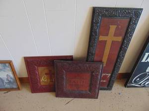 lot 1381 image: Religious themed wall art and large mirror