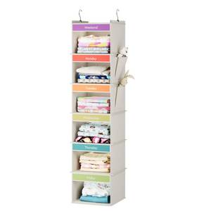 lot 3344 image: YOUDENOVA 6-Shelf Weekly Hanging Closet Organizer, Closet Organizers with 2 Side Pockets, Weekly Clothes Organizer for Kids, Beige