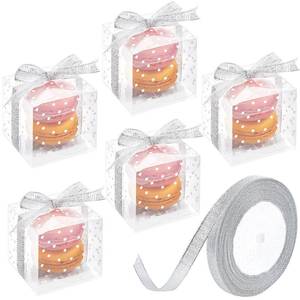 lot 3347 image: Ocmoiy 2x2x2 Inches Macaron Boxes for 2, White Polka Dot, 50 PCS Small Clear Favor Cube Boxes with Silver Ribbons for Wedding Baby Shower Birthday Party Supplies