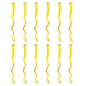lot 3359 image: SWACC 12 Pcs Curly Wavy One Color Party Highlights Clip on in Hair Extensions Colored Hair Streak Synthetic Hairpieces (Yellow)