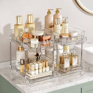 lot 3366 image: 2 Packs 2-Tier Bathroom Counter Organizer, Pull-Out Skincare Perfume Make up Organizers for Vanity Countertop Tray with 4 Removable Dividers, Transparent Bathroom Organizers and Storage for Cabinet