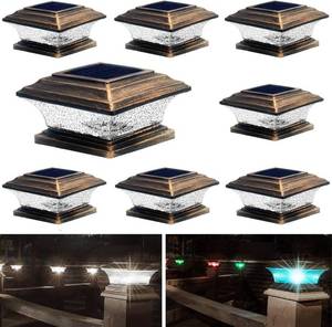 lot 3373 image: HUYIENO Solar Post Cap Lights Outdoor LED Lighting Deck Fence Cap Light 9 Light Modes Bright White7 Color Fixed Modes7 Color Cycling Mode Suitable for 4x4 5x5 Wooden Posts Brushed Copper