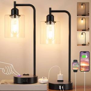 lot 3401 image: Industrial Touch Table Lamps for Bedrooms Set of 2 - 3-Way Dimmable Nightstand Lamps with USB CA Ports and Outlet, Black Bedside Lamps with Glass Shade for Living Room, Desk Lamps for Home Office