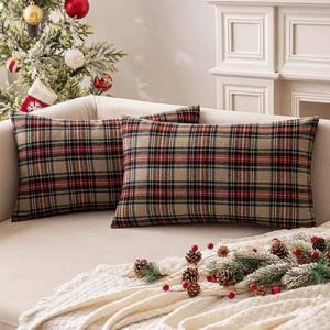 lot 3426 image: MIULEE Christmas Set of 2 Scottish Tartan Plaid Throw Pillow Covers Farmhouse Classic Decorative Cushion Cases forDecor Sofa Couch 12x20 Inch, Khaki