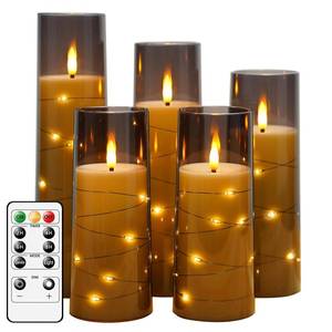 lot 3443 image: kakoya Flameless LED Candles with Timer 5 Pc Flickering Flameless Candles for Romantic Ambiance and Home Decoration Stable Acrylic Shell,with Embedded Star String Battery Operated Candles Grey
