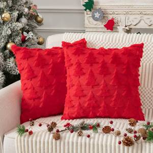 lot 3444 image: UGASA Christmas Tree Pillow Covers 18x18 Inch Set of 2 Soft Plush Faux Fur Decorative Luxury Jacquard Throw Pillows Pillowcases for Couch Sofa Holiday Festivals Winter Home Decor, Red