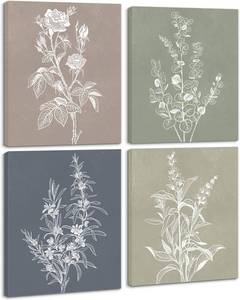 lot 3449 image: Framed Boho Wall Art Set of 4 Botanical Plant Canvas Print Wall Art for Rustic Vintage Farmhouse Wall Art for Home Kitchen Wall Decor Living Room Bathroom Bedroom 12x16inch