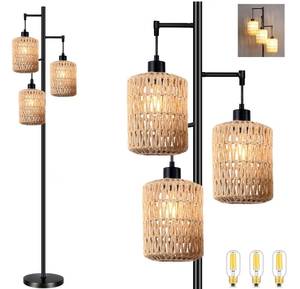 lot 3490 image: QIYIZM Floor Lamp for Living Room,Bedroom,3-Lights Boho Rattan Tree Floor Lights,Industrial Black Farmhouse Standing Lamp Wicker Rustic Tall Lamp,Woven Bamboo LampShade Floor Lamps Bohemian