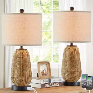 lot 3492 image: CINSARY Touch Control Rattan Table Lamps, 3 Way Dimmable Bedside Lamps for Bedroom Set of 2 with 2 USB Ports and AC Outlet, Grass Rope Nightstand Lamps for Living Room Office (2 LED Bulbs Included) - Retail $81.39