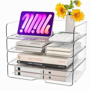 lot 3498 image: Paper Organizer Letter Tray, 4 Pack Acrylic Stackable Desk File Organizer,Clear File Organizer for Desk, Office Organizer for File Paper, Ipad, Letter, A4 Office File, Books, Notes, Paper Folder