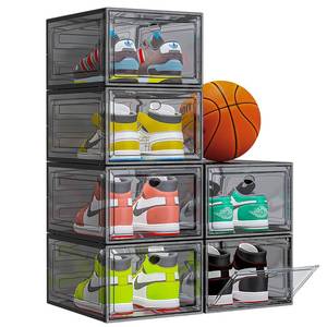 lot 3500 image: 7 code Thicken & Sturdy Clear Shoe Storage Organizer with Magnetic Door, Stackable Boxes for Closet, Foldable Shoe Rack for Sneaker Boot Container, Plastic Shoe Cabinet Shoe Box 6 Pack, Black