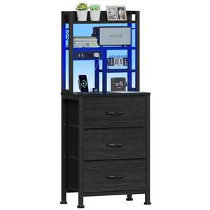 lot 3502 image: Furnulem Tall Night Stand with 3 Fabric Drawers and LED Lights, Nightstand with Bookshelf, 45.3inch Tall Bedside Tables with USB Ports in Bedroom, Dorm, Office,Metal Frame, Wood Shelves (Black Oak)