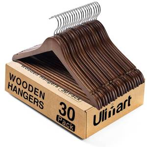 lot 3507 image: Ulimart Wooden Hangers Hangers 30 Pack Wood Hangers Solid Wood Clothes Hangers with Bar Coat Hangers for Closet Walnut