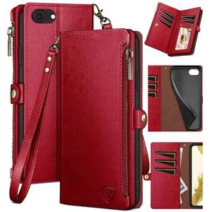 lot 3560 image: XcaseBar for iPhone SE 3rd78 Wallet case with Zipper Credit Card Holder RFID Blocking, Flip Folio Book PU Leather Phone case Shockproof Cover Women Men for Apple SE case Red