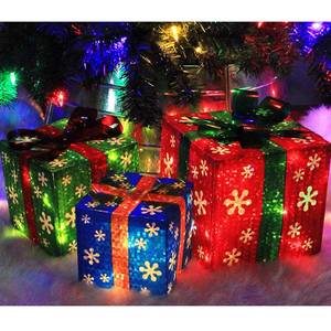lot 3586 image: ATDAWN Set of 3 Lighted Gift Boxes Christmas Decorations, Red Green and Blue Present Boxes, Christmas Home Gift Box Decor