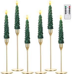 lot 3610 image: Honoson 6 Sets Flameless Christmas Tree Taper Candles with Candles Holders and Remote Control, LED Taper Candles Battery Operated Flickering Candlesticks for Holiday Window Fireplace Decor (Tall)