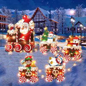 lot 3619 image: Christmas Train Decorations Yard Signs with LED Lights - Christmas Tree Santa Elf Snowman Train Set Lawn Signs with Stakes for Holiday Xmas Lawn Garden Yard Decorations Outdoor, 5 Pack