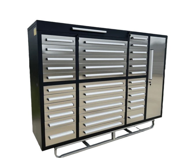 lot 696 image: Unused 2024 Steelman 7FT-35D Stainless Steel Work Bench with 35 Drawers & 1 Cabinet.