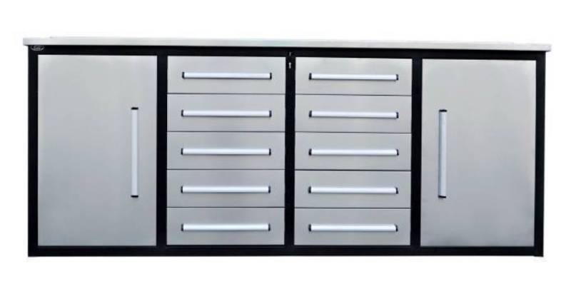 lot 727 image: Unused 2024 Steelman 7FT-10D Stainless Steel Work Bench with 10 Drawers & 2 Cabinets