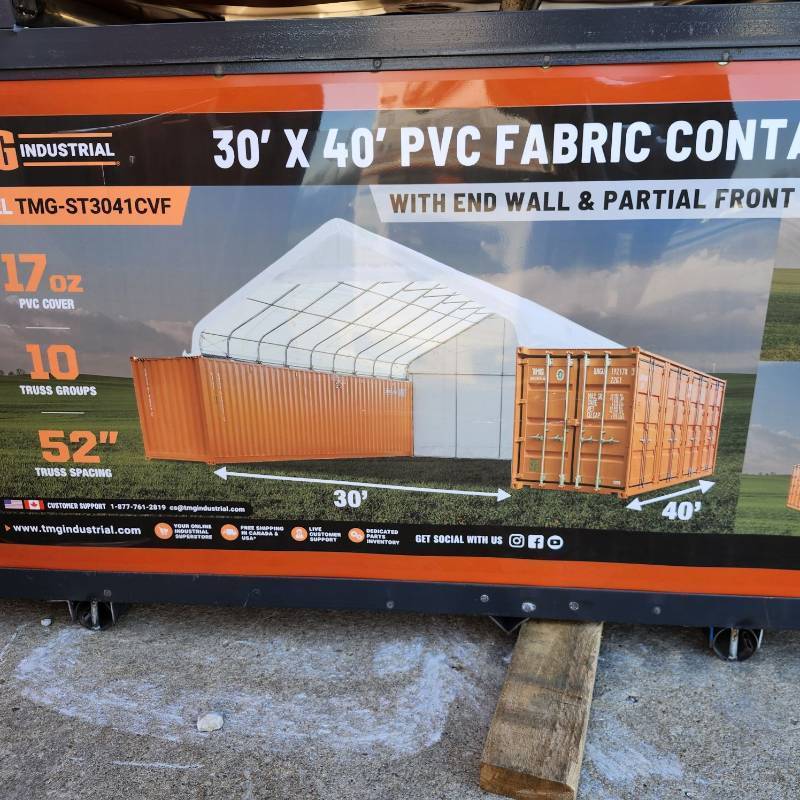 lot 3654 image: Unused TMG-ST3041CVF Container shelter wendwall 30 x 40 PVC (10 Ceiling)