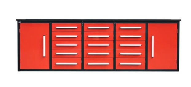lot 1806 image: Unused 2024 Steelman 10FT-15D-2 Red Work Bench with 15 Drawers & 2 Cabinets.  112x26x39 inch.